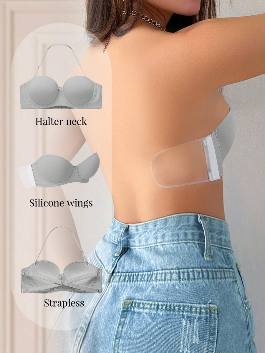 女士简约无钢圈文胸，具有聚拢、易穿脱、可变换、可调节和升降设计 - 淺灰色 - 查看 1