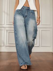 Dazy-Less Jeans dritti lavati e consumati per donne, jeans larghi