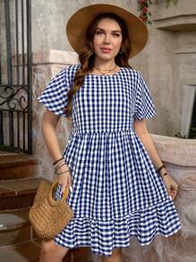 SHEIN LUNE Plus Size Summer Casual Plaid Ruffle Hem Short Sleeve Dress,Sun Dresses For Women - Navy Blue - View 6