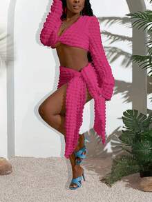 Slaydiva 2025 Summer New Music Festival, Easter, Western, Nomadic, St. Patrick's Day, Birthday Party, Graduation, Student, Daily Casual, Vacation, Cruise, Beach, Sunbathing, Popular Social Media Style White Women 2-Piece Set With Lace-Up, Textured Design Vacation Outfit Women Curve Skirt Set Beach Skirt Set Curvy Two Piece Set - Hot Pink - View 6