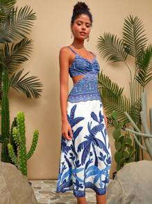 Travachic Women's Boho Maxi Dress: Blue And White Floral Print, Spaghetti Strap, Sleeveless, Flared Hem, Woven Fabric, Wrap Detail Long Dress