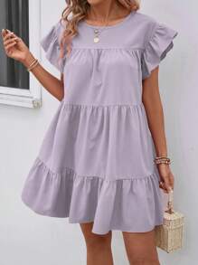 Breezaya Women Summer Solid Color Round Neck Loose Babydoll Dress With Ruffle Trim Vacation Beach Outfit - Purple - View 6