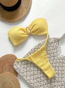 Swim Vcay Conjunto de bikini strapless con decoración metálica y lazo sexy, de tela jacquard de unicolor, para mujeres, para vacaciones de primavera y playa - Amarillo - Ver 1