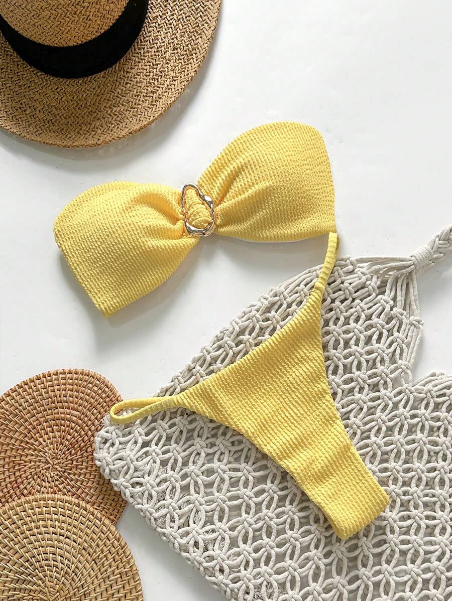 Swim Vcay Conjunto de bikini strapless con decoración metálica y lazo sexy, de tela jacquard de unicolor, para mujeres, para vacaciones de primavera y playa - Amarillo - Ver 1