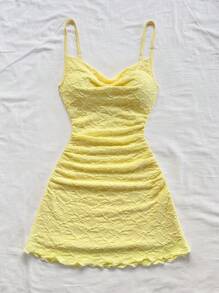 Soleia 女士细肩带褶饰露背迷你连衣裙，浅黄色，休闲装，适合节日、约会、下午茶、音乐节、波西米亚风时尚 - 黃色 - 查看 4