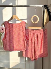 Comfortcana 2pcs Plus Size Women Vibrant Textured Fabric Cami And Shorts Set - Hot Pink - View 2