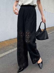 FRIFUL 女士蕾丝休闲直筒裤，透视镂空款式，夏季 - 黑色 - 查看 4