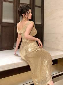 DAZY Vestido midi dorado con hombros descubiertos, ajustado y con lentejuelas, con abertura alta, para fiestas y bodas. Vestido dorado de verano para graduación, vestido de lujo para baile de graduación, vestido elegante para mujeres, vestido de Año Nuevo, vestido brillante para carnaval. - Dorado - Ver 1