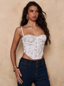 SHEIN BAE 春季纯杏色3D花卉刺绣修身优雅甜美公主吊带背心，适合情人节、日常通勤、可爱文胸