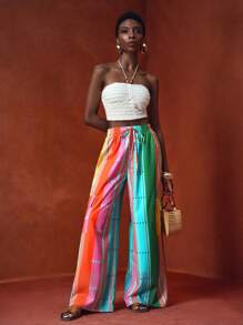 Zivah 2025 Spring And Summer New Vacation & Holiday Leisure & Music Festival Loose Workwear Large Pockets Colorful Stripe Retro Printing Women's High Waist Wide Leg Pants-B,Bohemian Clothes - Multicolor - View 7