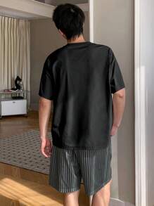 DAZY Summer T-Shirt And Striped Shorts Men Pajama Set - Black - View 2