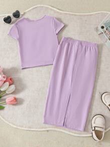 SHEIN Young Girls Solid Color Crew Neck Short Sleeve Top & Long Skirt 2pcs Set, Suitable For Holidays & Vacations, Summer - Purple - View 2