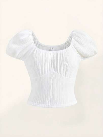 SHEIN Explorewe 少女复古优雅无袖上衣，休闲纯色泡泡袖纹理上衣，适合日常穿着、上学和春夏季节穿着。