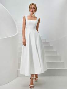 CLARA VERO Vestido largo de mujer de unicolor, tejido, para primavera y verano, vacaciones y días festivos, vestido camisa con tirantes, escote en V bajo, falda con abertura lateral y volumen