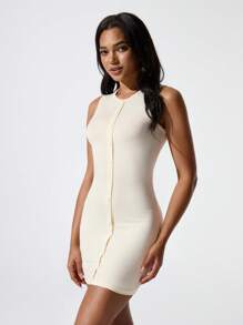 Hanevo Women's Summer Casual Round Neck Button Down Fitted Bodycon Dress, Suitable For Daily Dates And Party Occasions Sportwear For Daily Wear