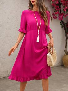EMERY ROSE Vestido de unicolor de manga corta de largo medio para mujer, de moda para el verano - Rosa Fucsia - Ver 5