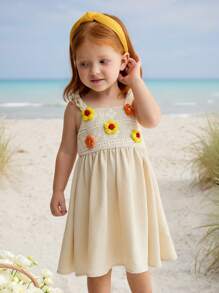SHEIN Vestido informal y cómodo para bebé niña con decoración floral y lazo - Albaricoque - Ver 2