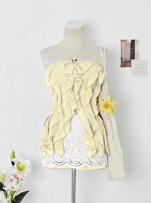 Elamini Resin Round Loop Design Semi-Transparent Bohemian Halter Neck Top - Champagne - View 7