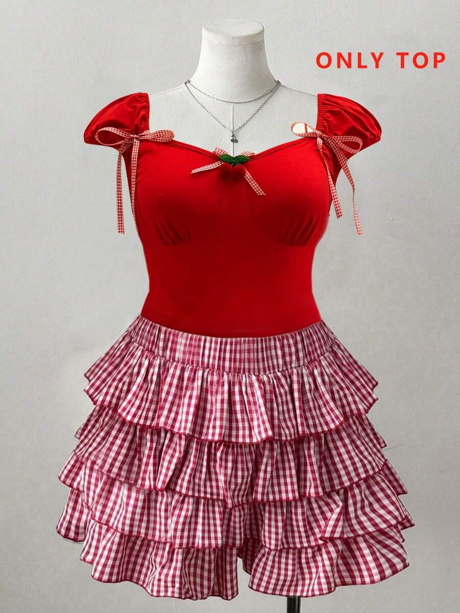 Flirla Plus Size Women's Square Neck Puff Sleeve Summer T-Shirt - Red - View 1