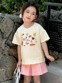 DAZY Set de 2 piezas para niñas con camiseta de punto de manga corta y cuello redondo estampada y falda de verano