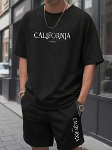 SHEIN Leap Crew 2 Pieces Teen Boys Summer Letter Printed Crew Neck Short Sleeve Casual T Shirt And Drawstring Waist Shorts Set, Perfect For Spring And Summer, Perfect For Dressing Up, Perfect For School, Valentine's Day