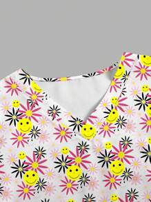 Parte superior de uniforme tipo bata con bolsillo, de manga corta y cuello en V con estampado de dibujos animados para mujeres - Blanco - Ver 3