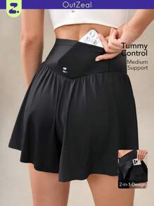 OutZeal Quần short thể thao nữ màu đen, thích hợp chạy bộ, tennis, mùa hè, nhanh khô, ôm bụng, có túi tích hợp. - màu đen - Xem 1