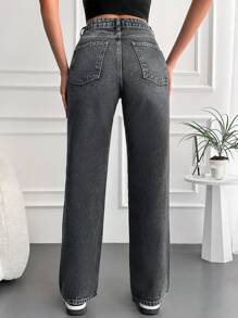 EURMUSE 100%Cotton Slant Pocket Solid Straight Leg Jeans - Dark Grey - View 2