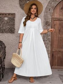 EMERY ROSE Vestido largo de encaje blanco con parches para mujer talla grande para vacaciones de verano con bolsillos