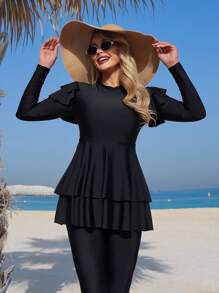 Swim Mulvari 2 Pc Set Solid High Neck Long Sleeve Long Pants Ruffled Design Full Coverage Wireless Casual Conservative Swimsuit Bikini - Black - View 3
