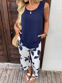 EMERY ROSE Women's Vacation Solid Asymmetric Hem Camisole And Floral Print Pants Set - Multicolor - View 3