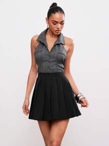 Hauture Women's Contrast Color Pleated Hem Stripe Halter Mini Dress - Grey - View 4