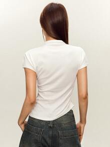 INAWLY Casual Solid Color Stand Collar Short Sleeve T-Shirt, Summer - White - View 3