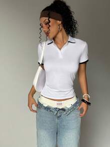 SHEIN Dewbera Camisa polo de mujer casual con mangas cortas y ribete contrastante, ideal para el verano - Blanco - Ver 7