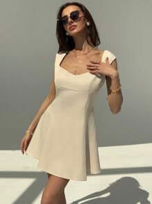 Aloruh Women's Solid Color Sweetheart Neck Cap Sleeve Elegant Mini Dress - Apricot - View 3