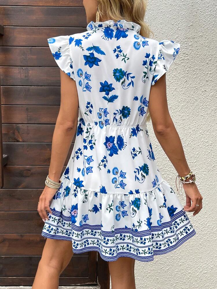 Women's Floral Print Frill Trim Tie Front Cap Sleeve Mini Dress, Vacation Style