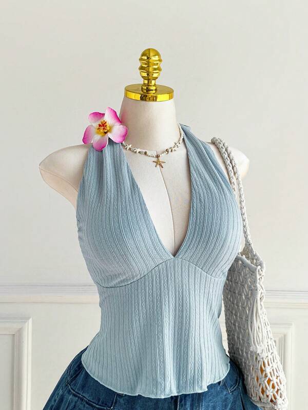 Comfortcana Plus Size Summer Holiday Vibes V-Neck Spaghetti Strap Knitted Tank Top