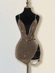 SHEIN ICON Sexy Kleid mit tiefem Ausschnitt, Strassbesatz, offenem Rücken, Kreuzgurten und Schlitz, Mini Länge