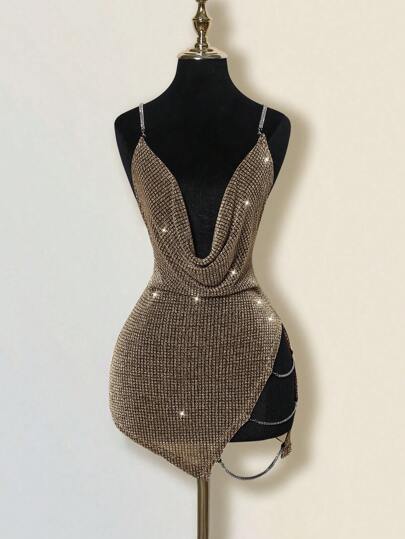 SHEIN ICON Sexy Plunging Neck Rhinestone Trim Open Back Criss-Cross Slit Mini Dress,Party Dresses For Women