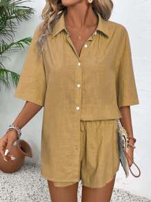 EMERY ROSE Bộ 2 áo sơ mi tay ngắn tối giản hàng ngày màu trơn dành cho nữ và quần short - Màu vàng - Xem 6