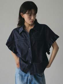 FRIFUL Blusa vaquera holgada de mujer con cuello de volantes de un solo botonadura, ropa casual de mujer para el verano, ropa de calle para mujer - Azul - Ver 4