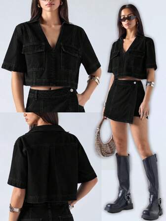 LYSMO 女士夏季休闲短款牛仔夹克