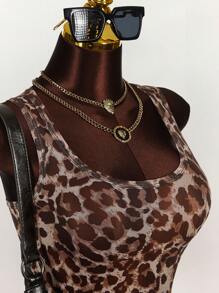 Amplova Women's Fashion Cut-Off Leopard Print Mesh Bodycon Tank Top