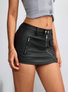 SHEIN EZwear Women's Solid Color Zipper Mini Skirt, Fashionable For Summer - Black - View 1