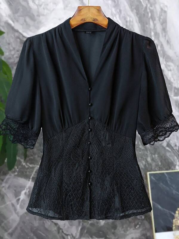 Franclia V-Ausschnitt Spitzen Patchwork Rüschen Kurzarm Chiffon Lässig Schwarze Bluse