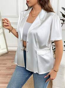 SHEIN Clasi Plus Size Women Solid Color Lapel Neck Short Puff Sleeve Elegant Blouse - White - View 6