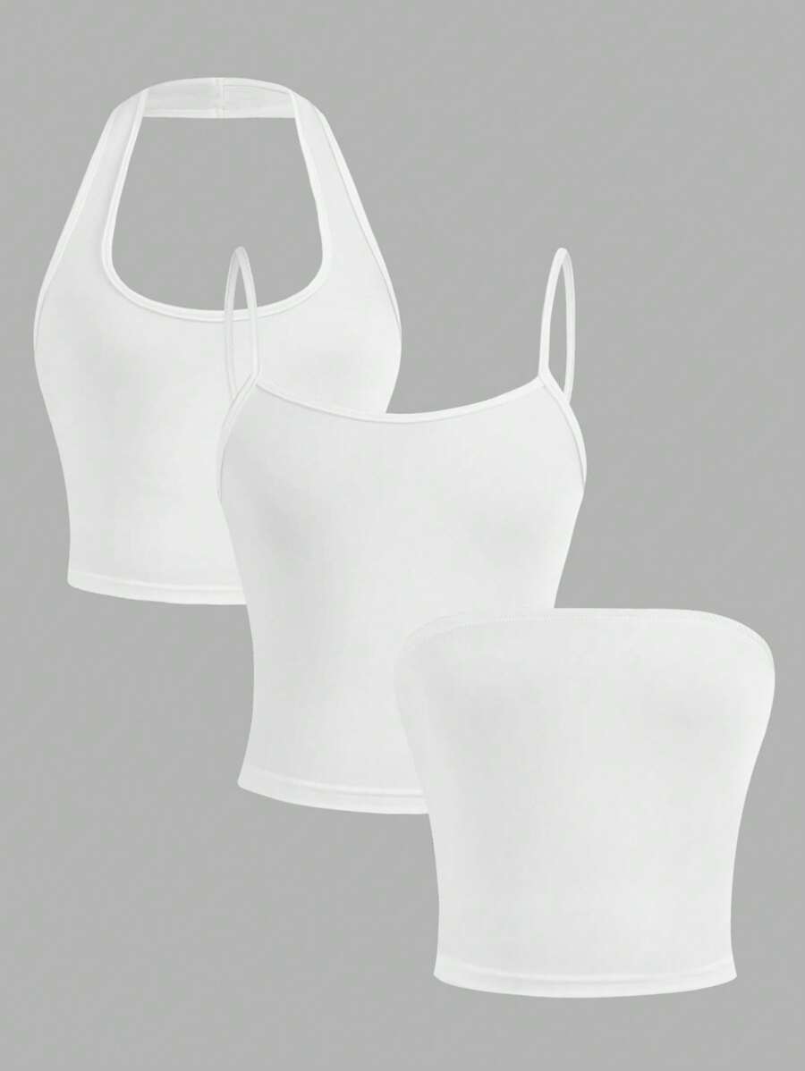3pcs/Set Tween Girl Versatile Solid Color Spaghetti Strap Camisole Tops - White - View 1