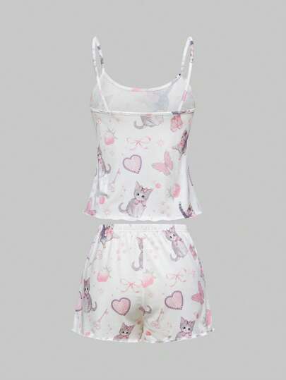 Kawaii Kawaii Cat & Strawberry Print Comfy Sleepwear Sets, Women Summer Casual Pajama
