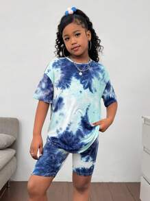 SHEIN Bộ 2 áo thun rộng nhuộm loang và quần legging bó cho bé gái tuổi mới lớn - Màu xanh nhạt - Xem 3