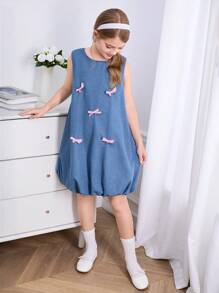 Tween Girls' Casual Cute Washed Soft Loose Smock Dress, Comfortable & Fashionable For Vacation, Lightweight For Summer - Medium Wash - View 5